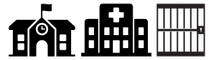 De izquierda a derecha, los iconos son: un carrito de compras, un plato con cuchillo y tenedor, un avión, un hospital, un coche, un autobús, y una cama.